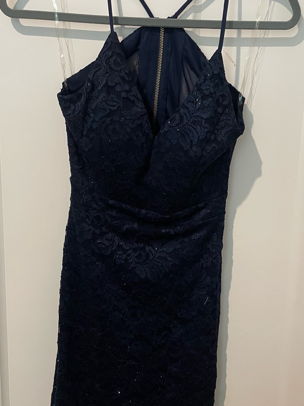 Emerald Sundae Navy Lace Midi Dress with Spaghetti Straps